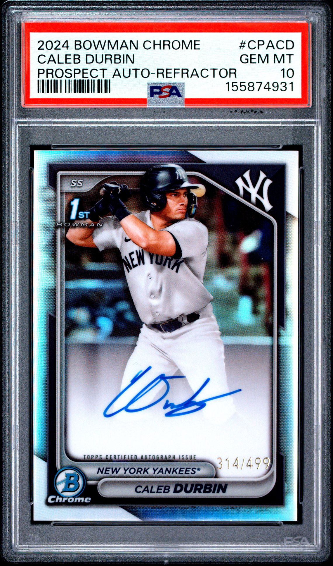 2024 Bowman Chrome Prospect Autographs Caleb Durbin #Cpacd (Prospect Auto-Refractor) Gem Mt 10 front