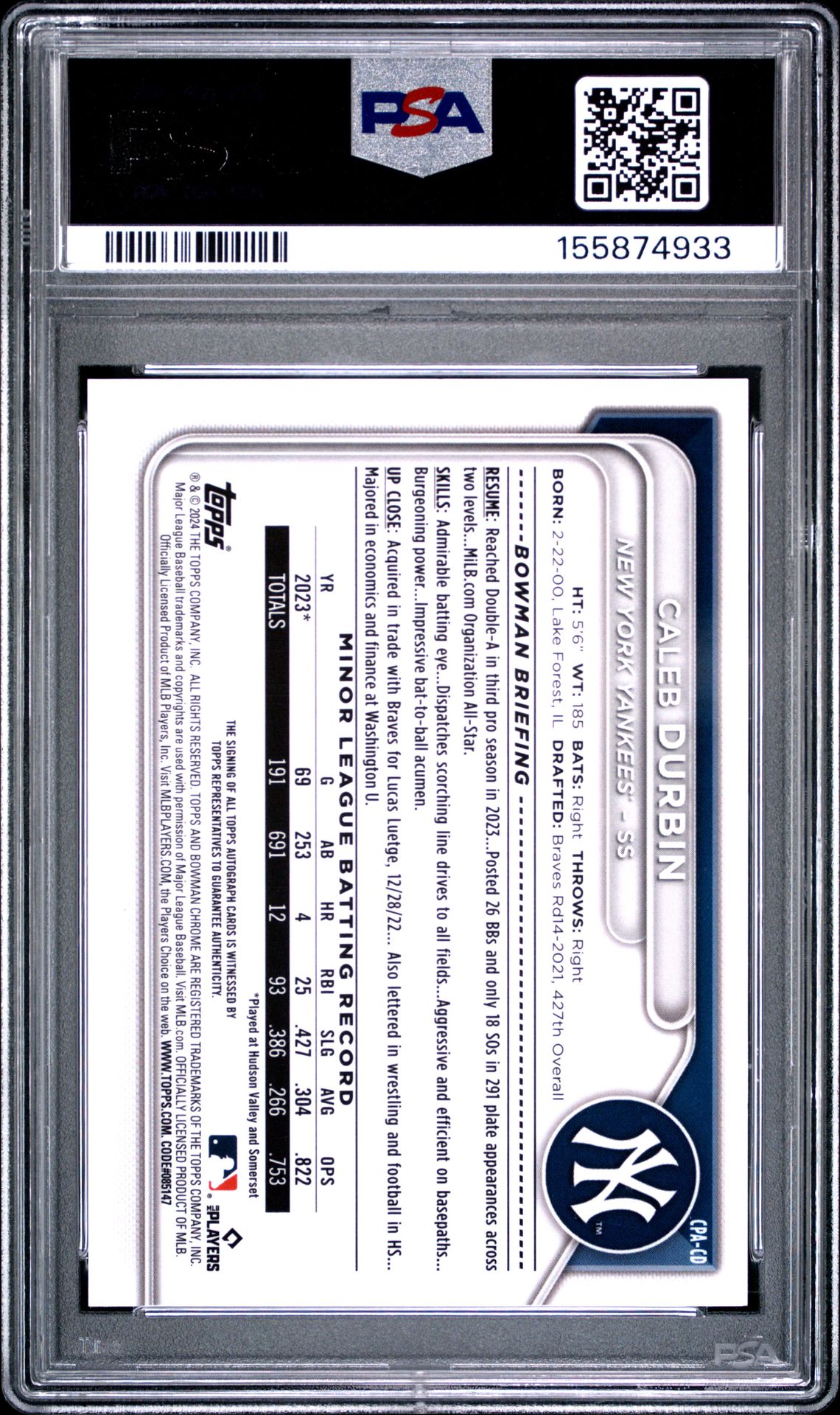 2024 Bowman Chrome Prospect Autographs Caleb Durbin #Cpacd (Prospect Auto-Speckle Ref) Gem Mt 10 back view - PSA certificate #155874933