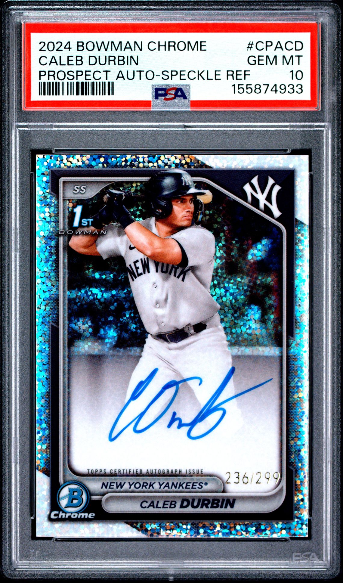 2024 Bowman Chrome Prospect Autographs Caleb Durbin #Cpacd (Prospect Auto-Speckle Ref) Gem Mt 10 front view - PSA graded GEM MT 10