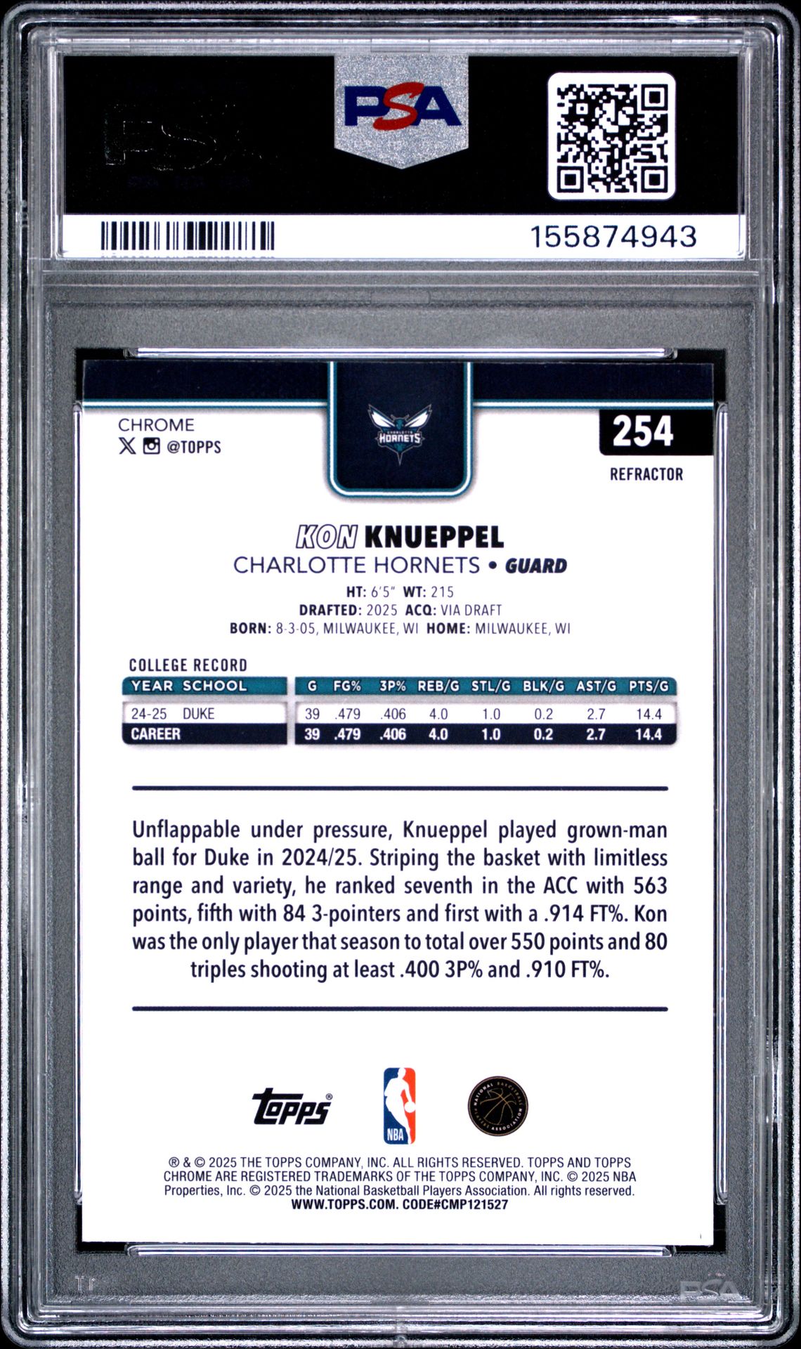 2025 Topps Chrome Kon Knueppel #254 (Refractor) Mint 9 back