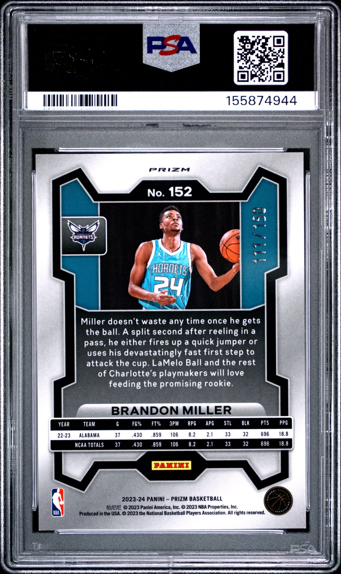 2023 Panini Prizm Brandon Miller #152 (Premium Factory Set) Mint 9 back