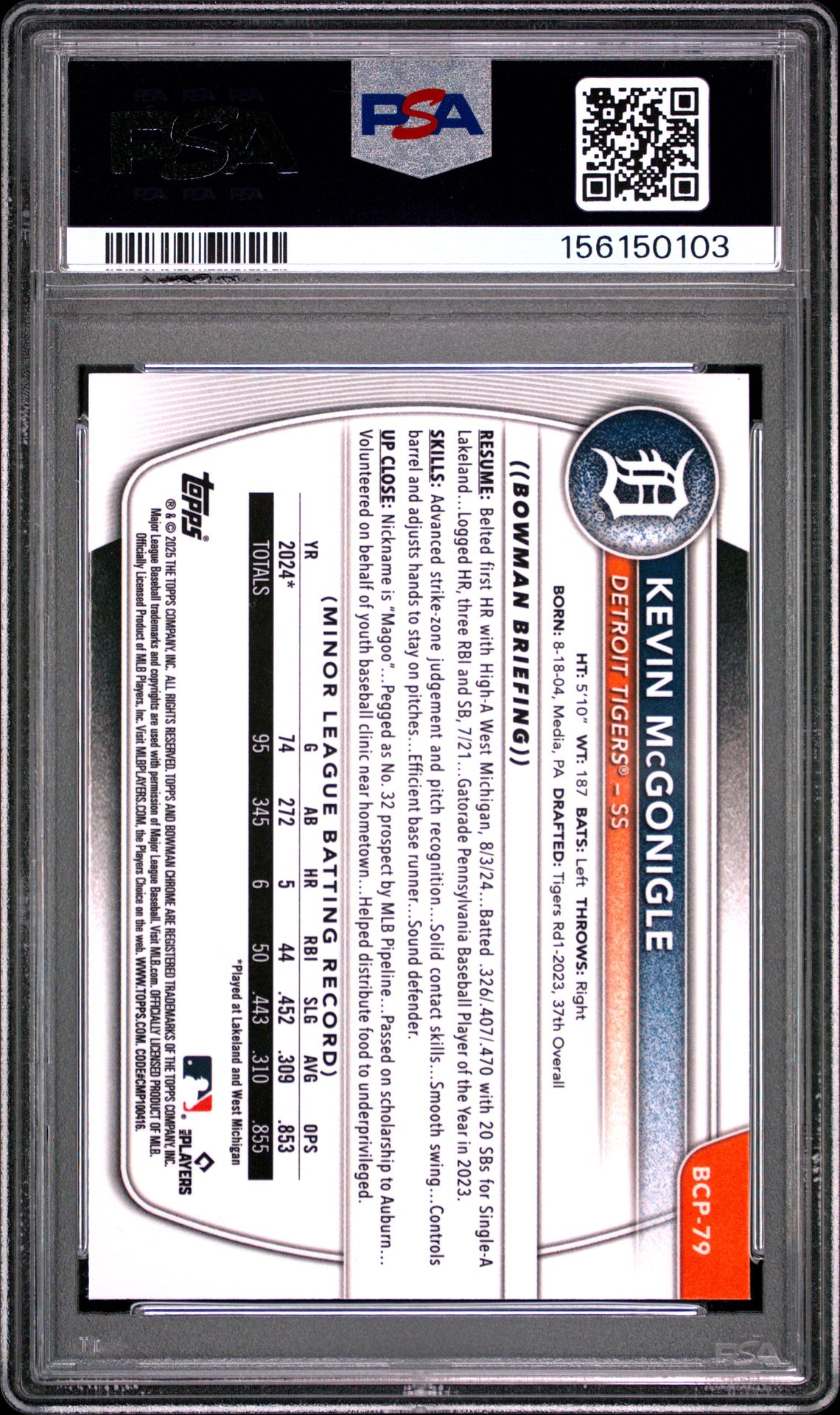 2025 Bowman Chrome Prospects Kevin Mcgonigle #Bcp79 (Chrome Pros-Mini Diamond) Mint 9 back