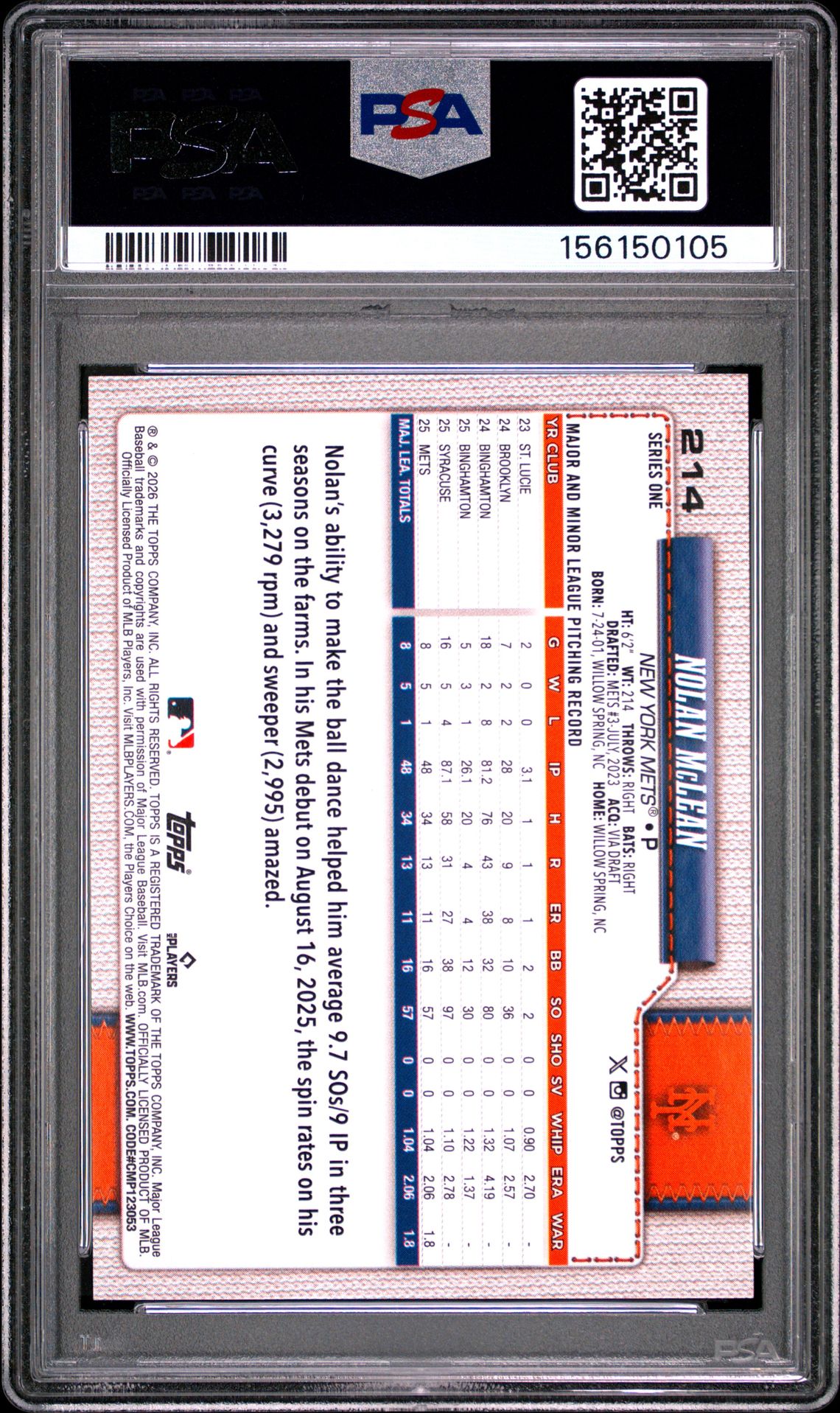 2026 Topps Nolan Mclean #214 (Sandglitter) Gem Mt 10 back view - PSA certificate #156150105
