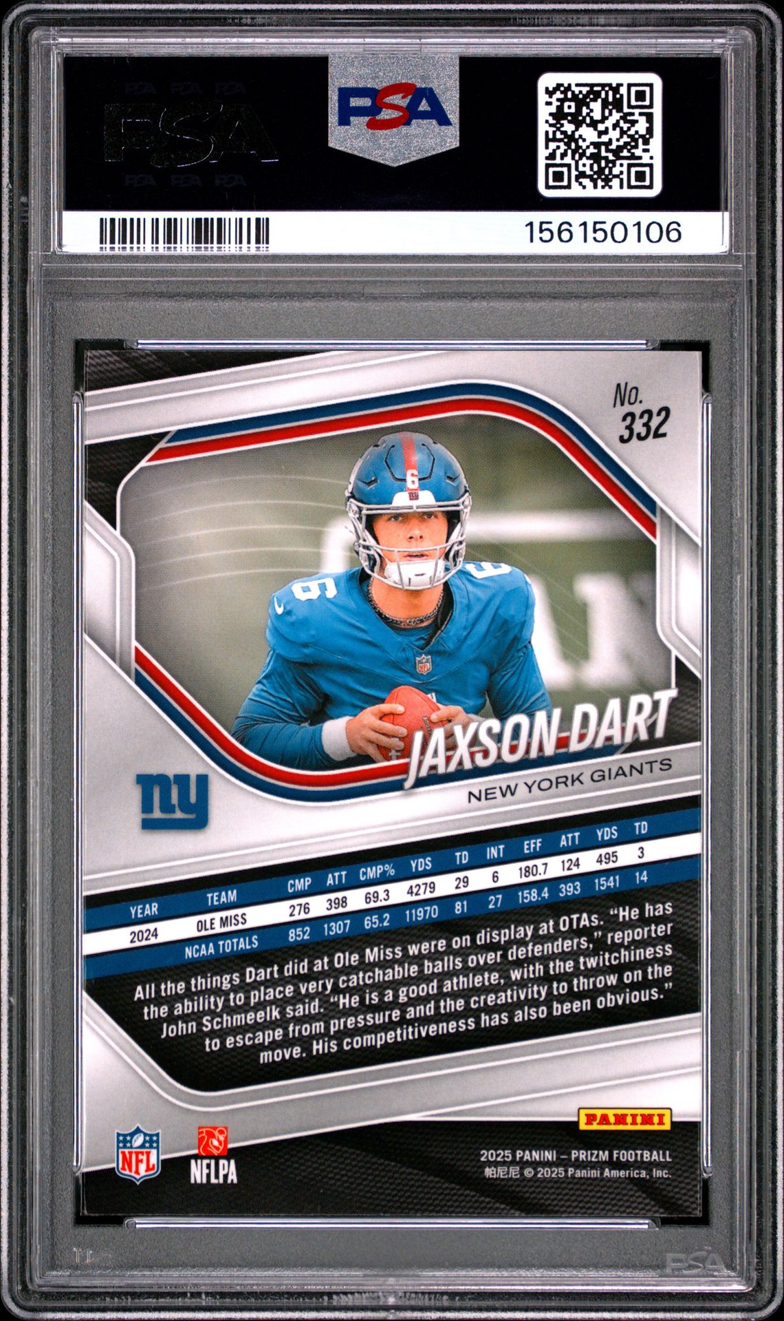 2025 Panini Prizm Jaxson Dart #332 Mint 9 back