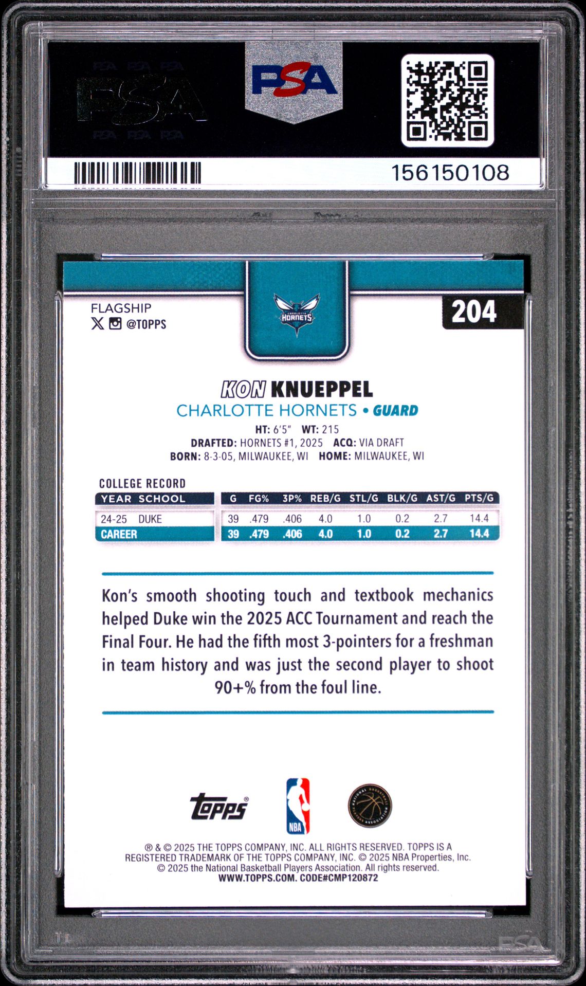 2025 Topps Kon Knueppel #204 Mint 9 back
