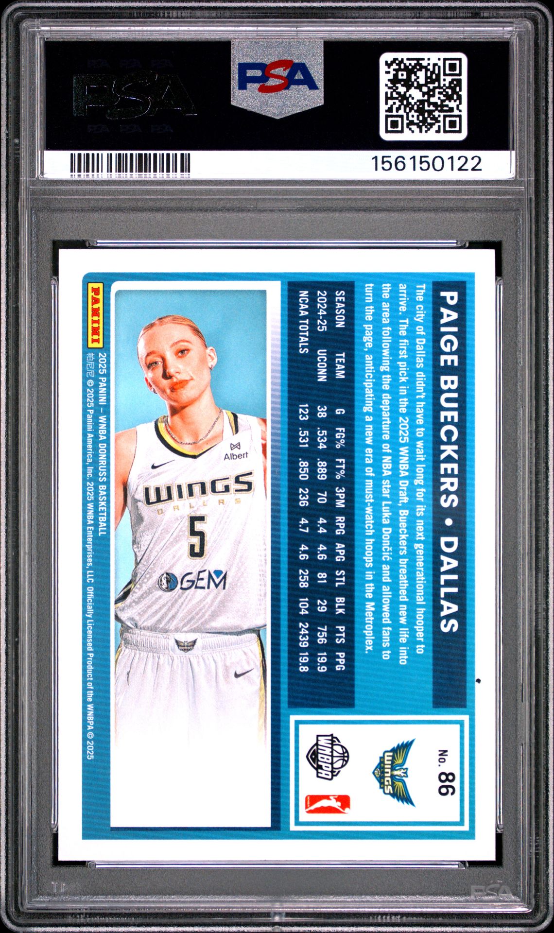 2025 Panini Donruss Wnba Paige Bueckers #86 Gem Mt 10 back view - PSA certificate #156150122
