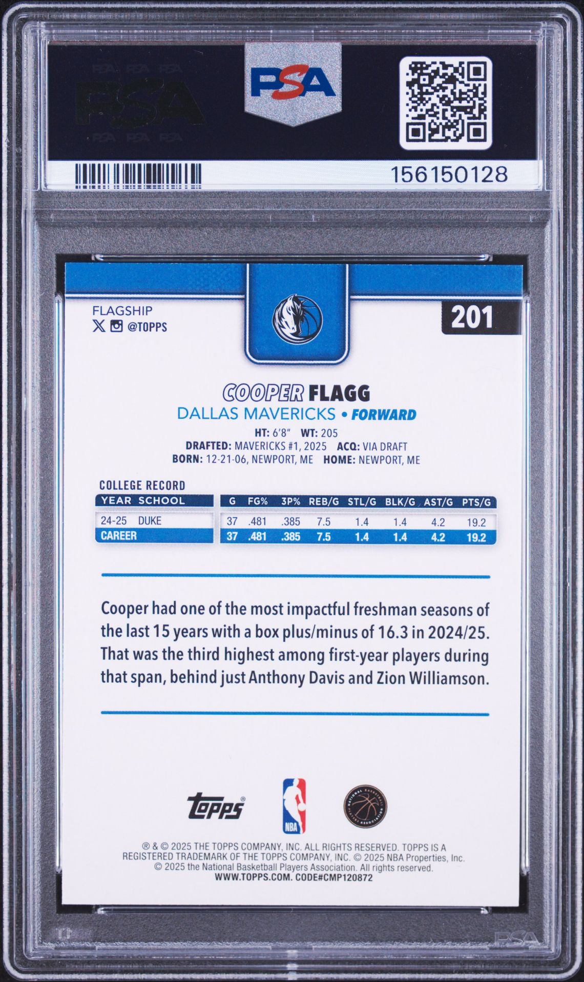 2025 Topps Cooper Flagg #201 Mint 9 back