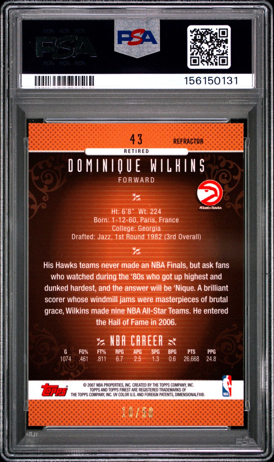 2006 Finest Dominique Wilkins #43 (Gold Refractor) Mint 9 back