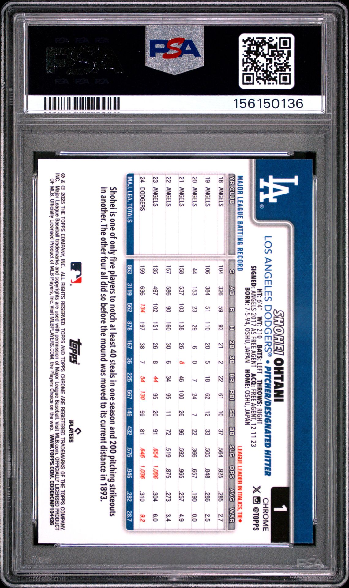 2025 Topps Chrome Shohei Ohtani #1 Mint 9 back