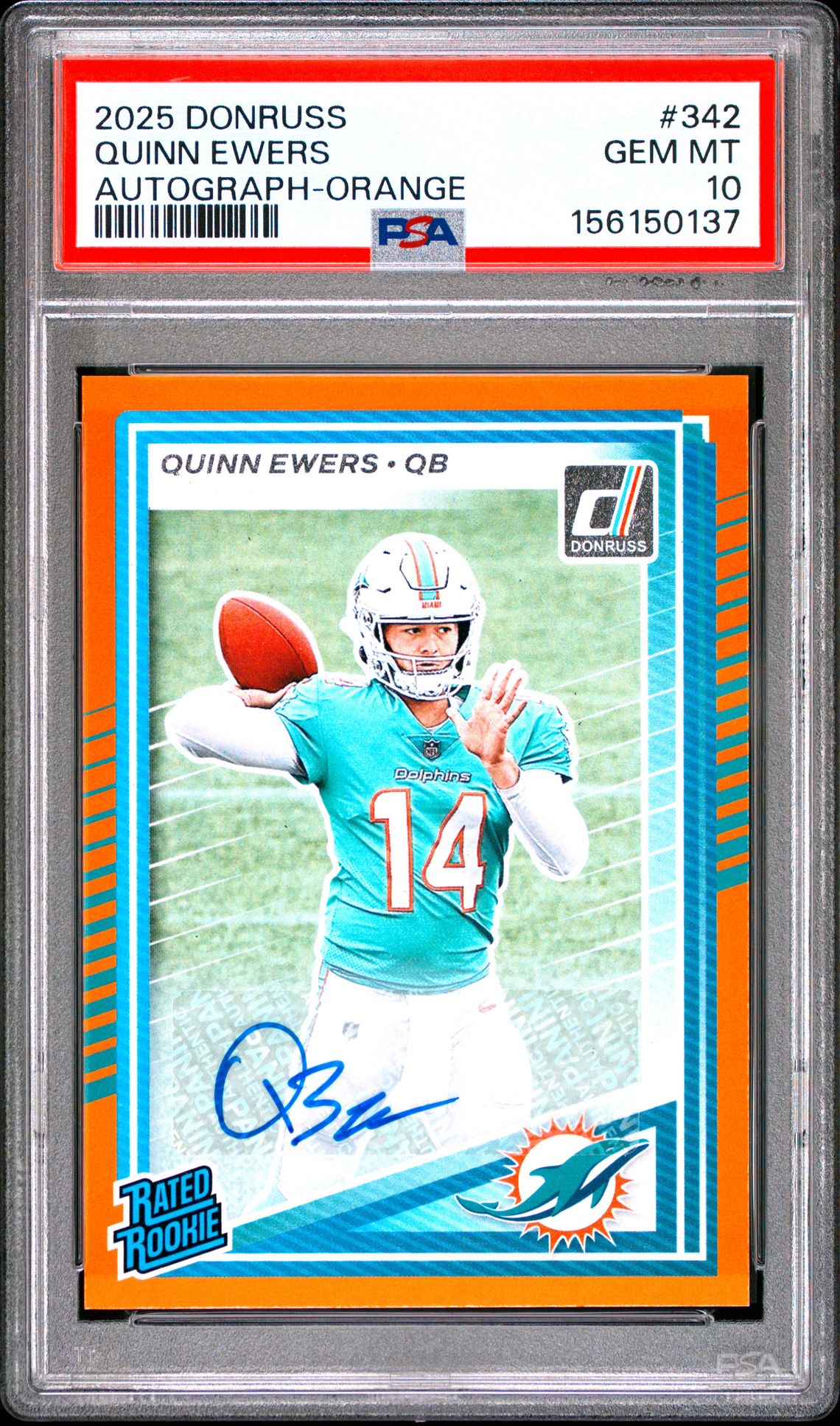 2025 Panini Donruss Quinn Ewers #342 (Autograph-Orange) Gem Mt 10 front view - PSA graded GEM MT 10