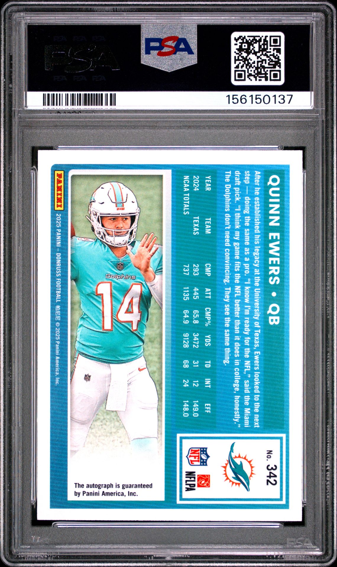 2025 Panini Donruss Quinn Ewers #342 (Autograph-Orange) Gem Mt 10 back view - PSA certificate #156150137