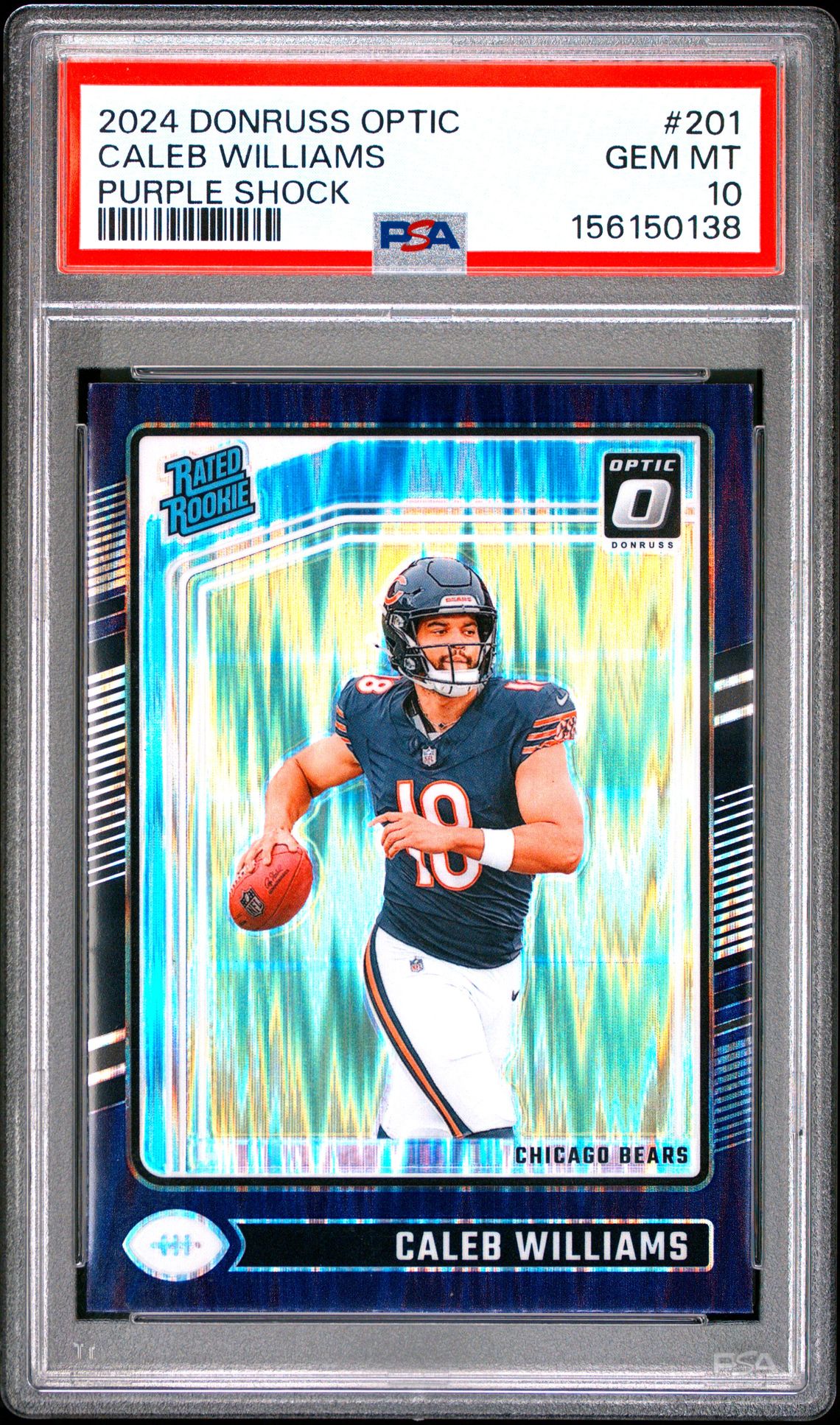2024 Panini Donruss Optic Caleb Williams #201 (Purple Shock) Gem Mt 10 front view - PSA graded GEM MT 10