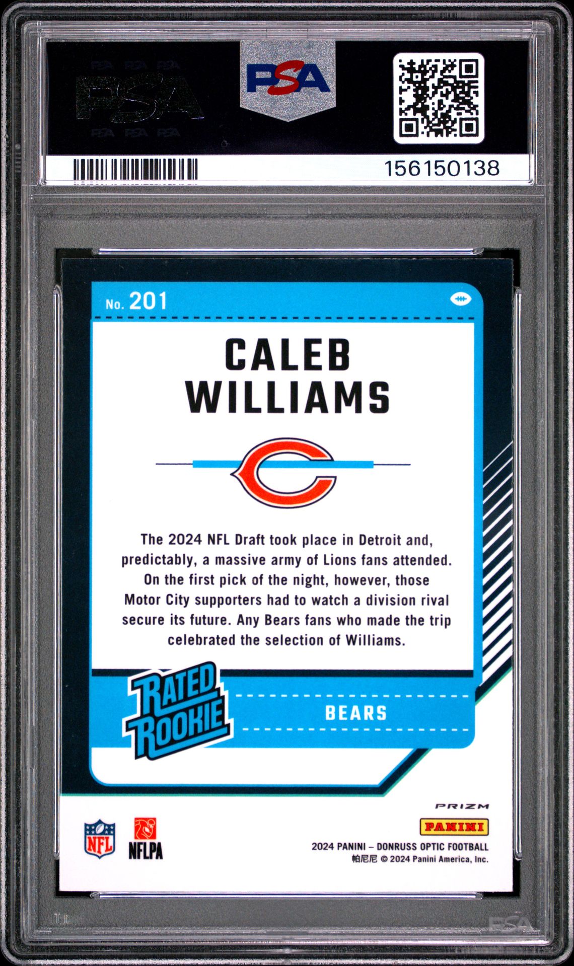 2024 Panini Donruss Optic Caleb Williams #201 (Purple Shock) Gem Mt 10 back view - PSA certificate #156150138
