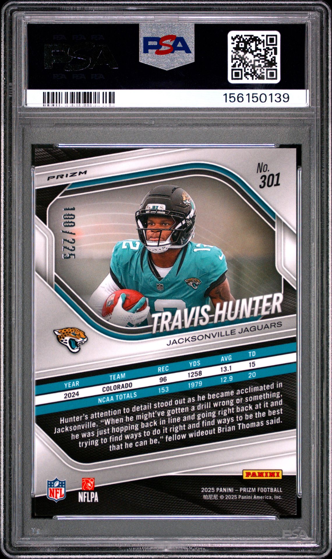 2025 Panini Prizm Travis Hunter #301 (Purple Ice) Gem Mt 10 back view - PSA certificate #156150139