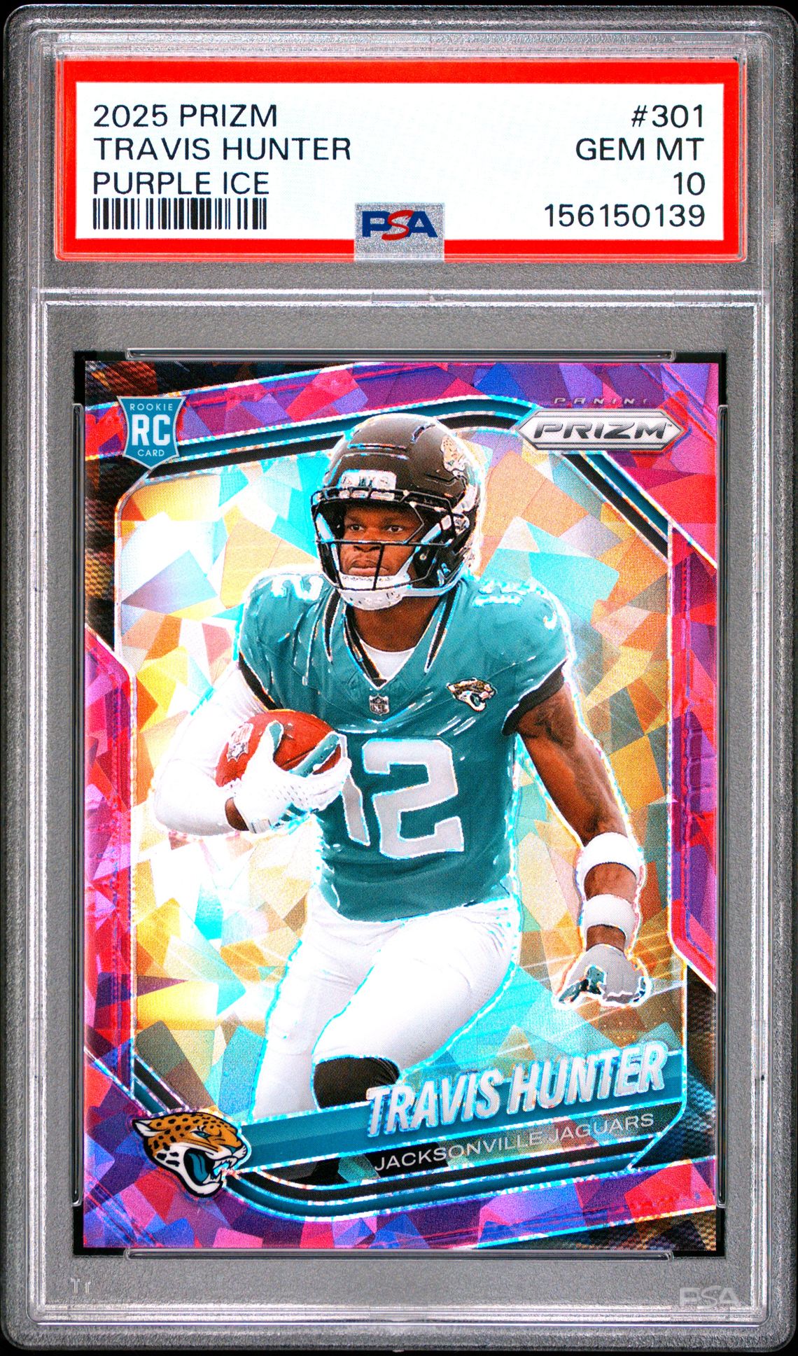 2025 Panini Prizm Travis Hunter #301 (Purple Ice) Gem Mt 10 front view - PSA graded GEM MT 10
