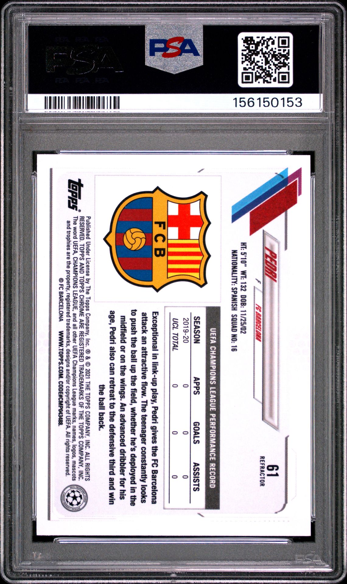 2020 Topps Chrome Uefa Champions League Pedri #61 (Refractor) Mint 9 back