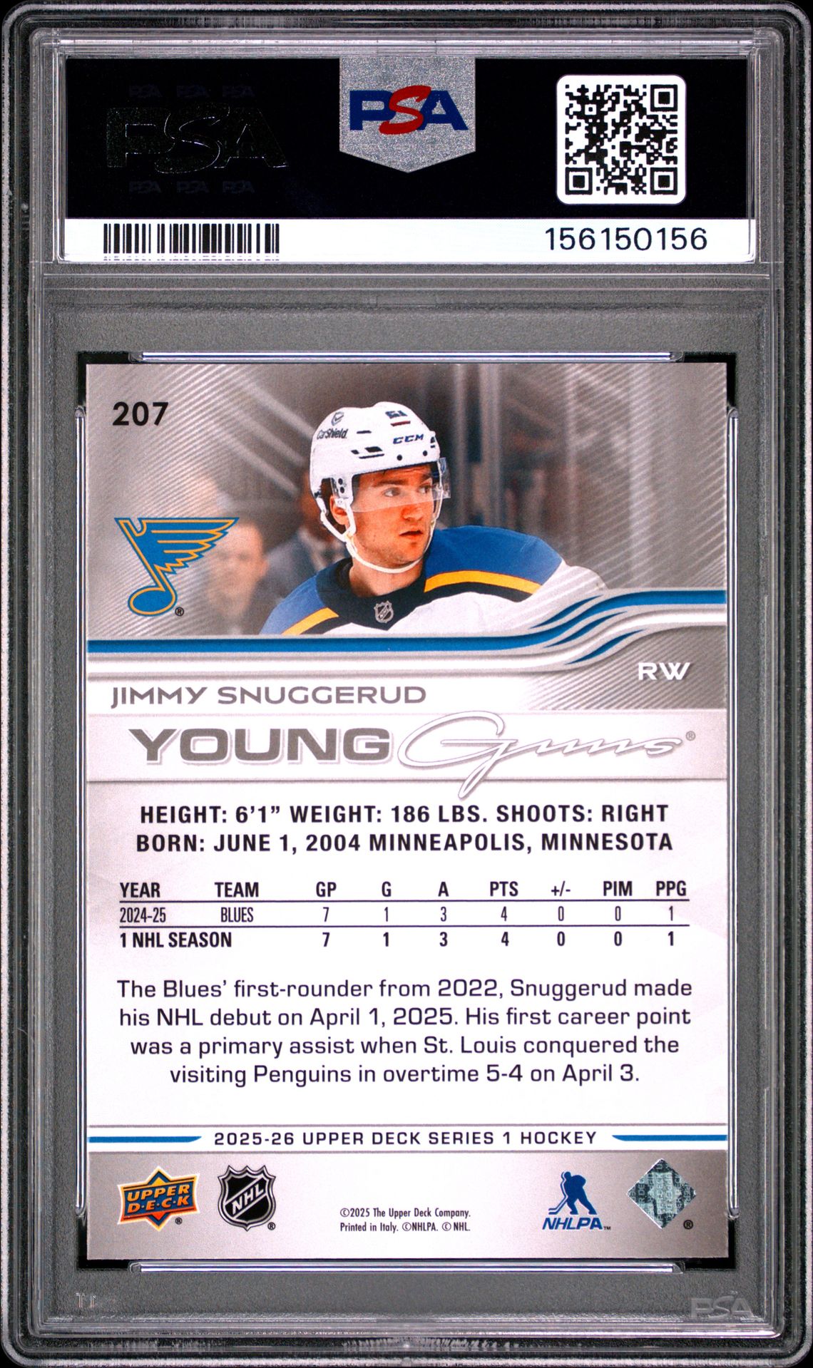 2025 Upper Deck Jimmy Snuggerud #207 Gem Mt 10 back