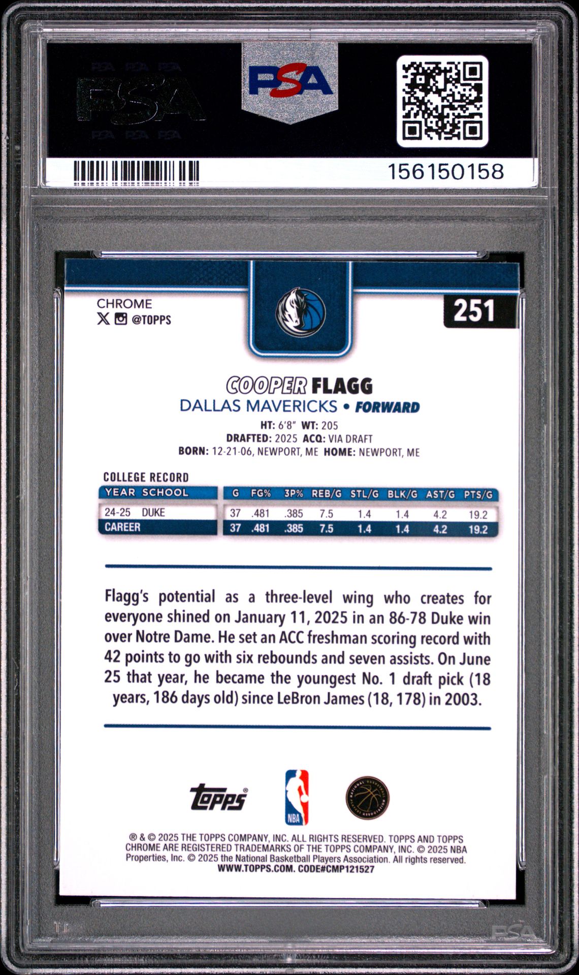 2025 Topps Chrome Cooper Flagg #251 Mint 9 back