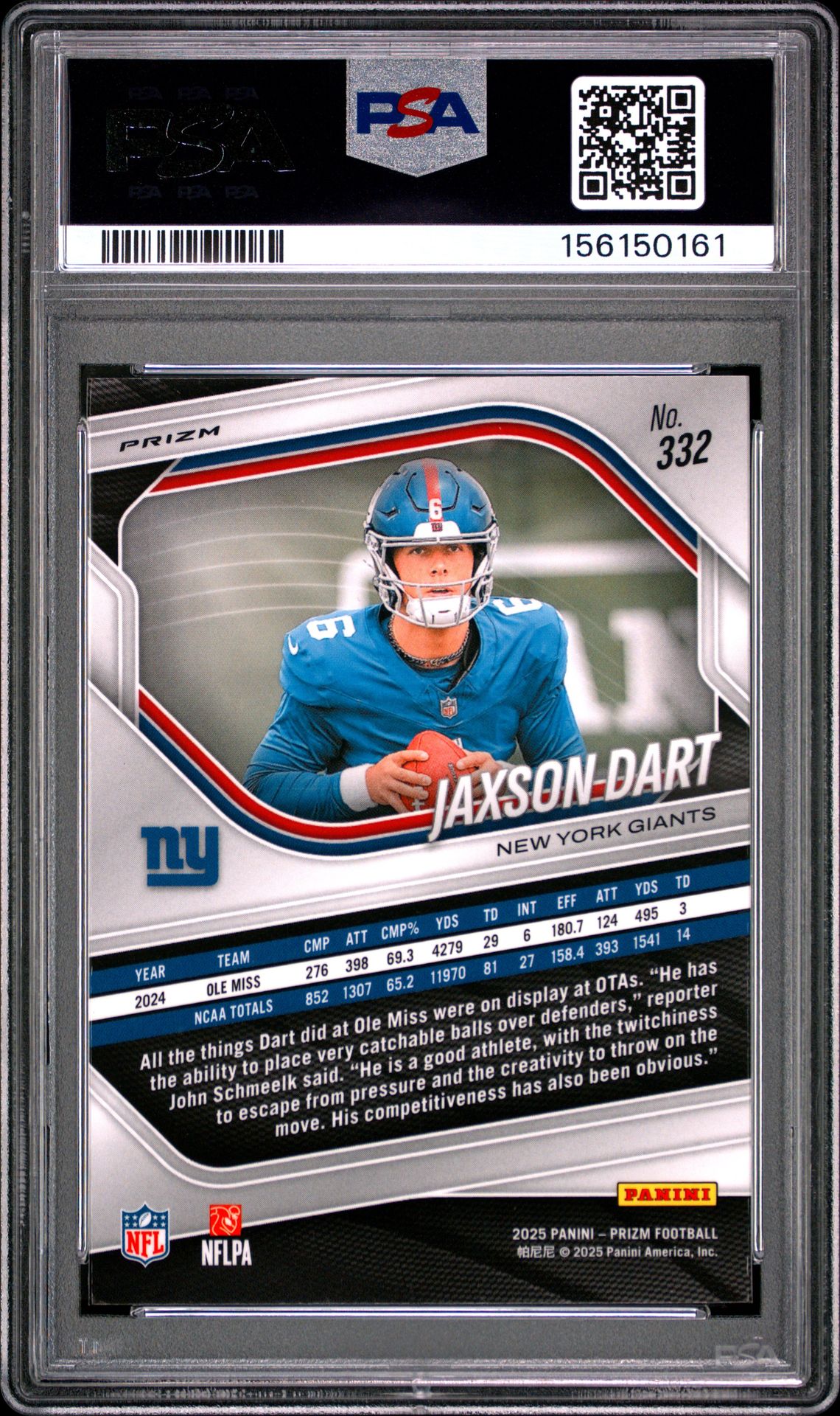 2025 Panini Prizm Jaxson Dart #332 (Orange Ice) Mint 9 back