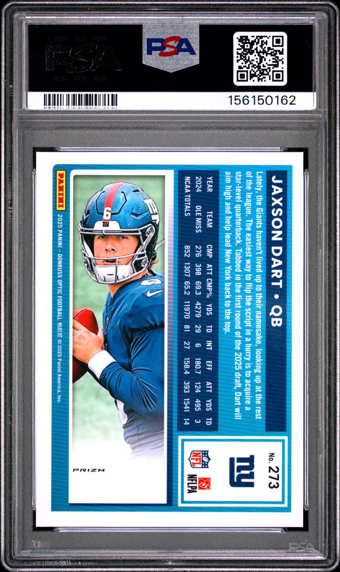 2025 PANINI DONRUSS OPTIC JAXSON DART PURPLE SHOCK 273 GEM MT 10 back