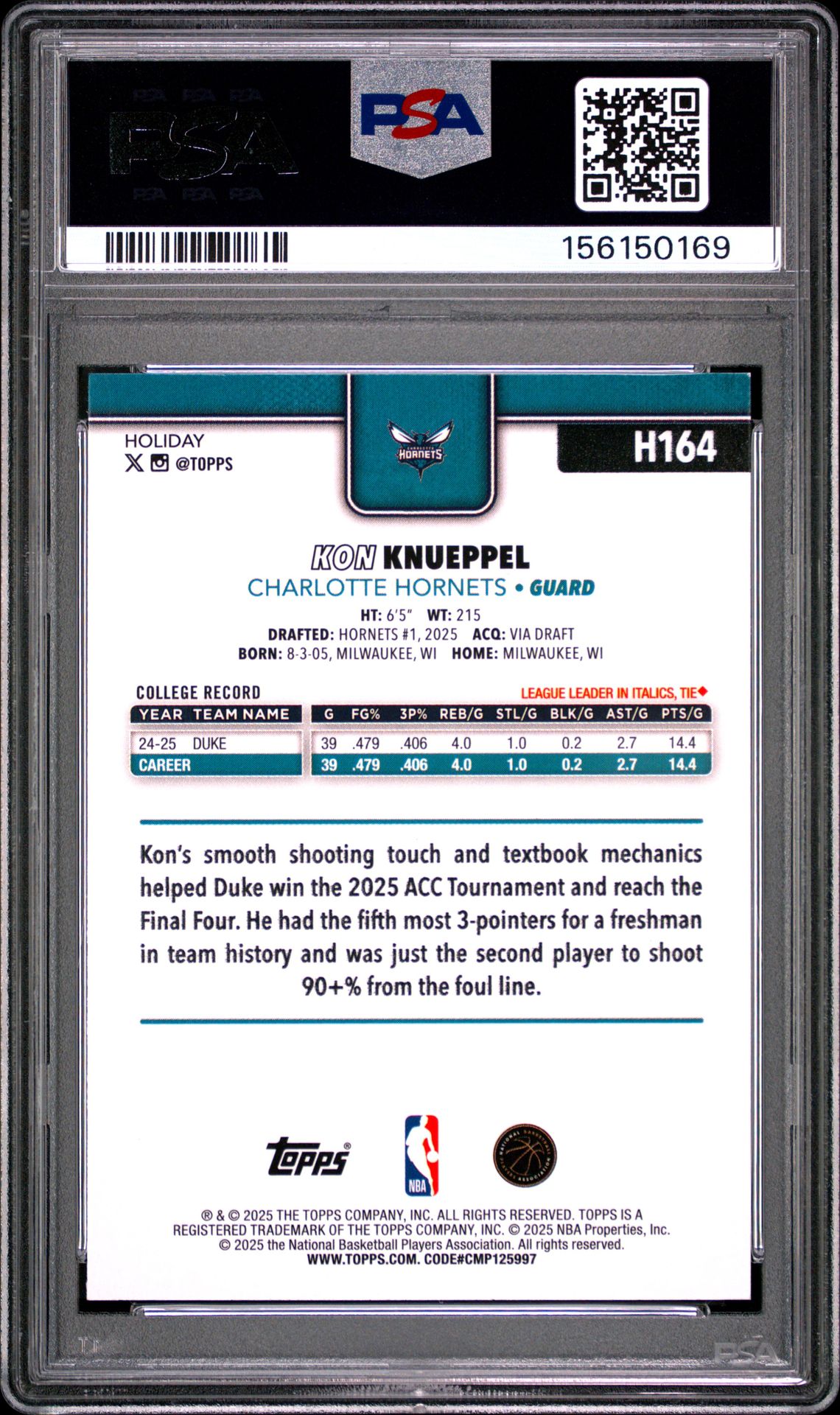 2025 Topps Holiday Kon Knueppel #H164 Mint 9 back