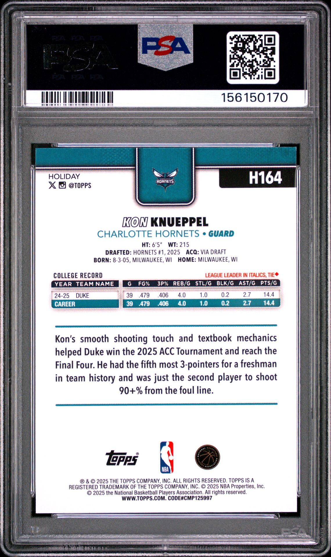 2025 Topps Holiday Kon Knueppel #H164 Mint 9 back