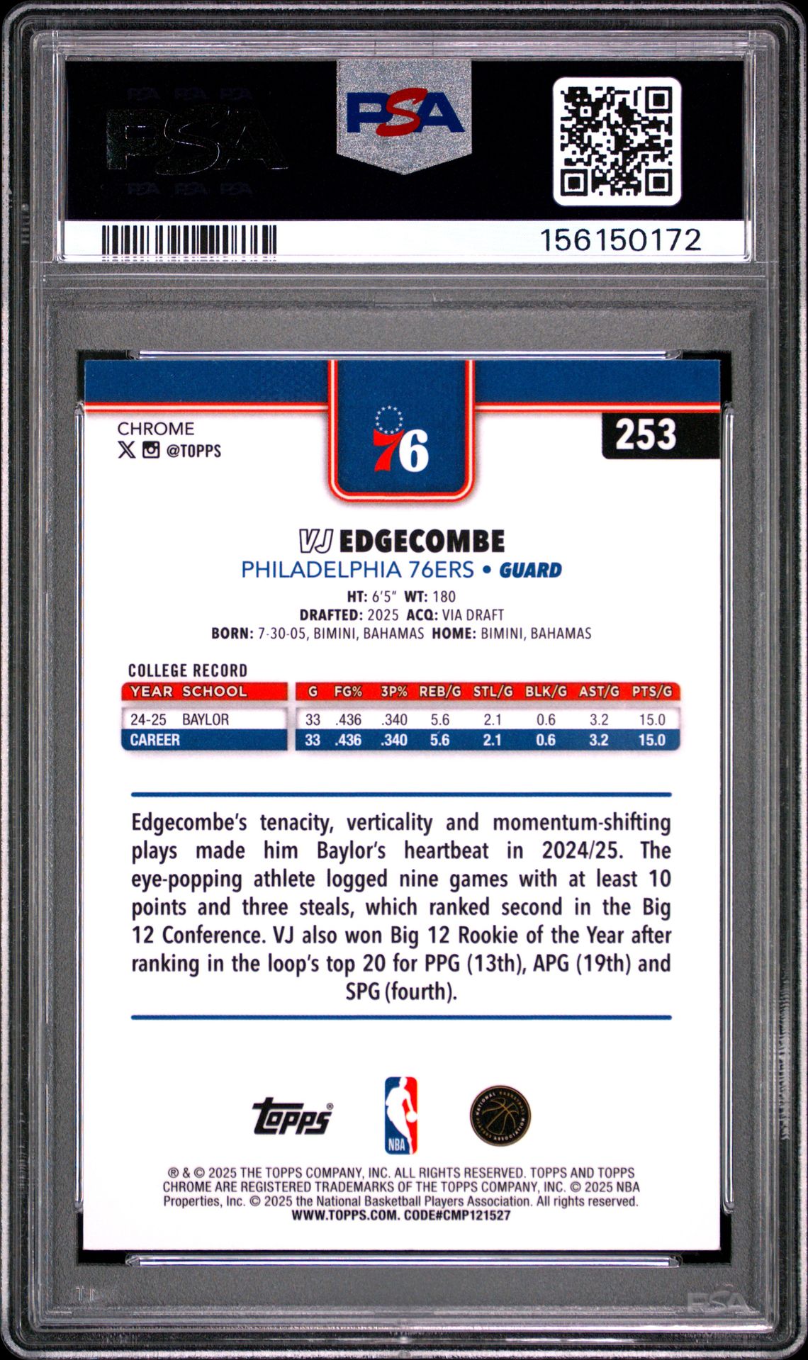 2025 Topps Chrome Vj Edgecombe #253 (Red White And Blue Ref) Mint 9 back