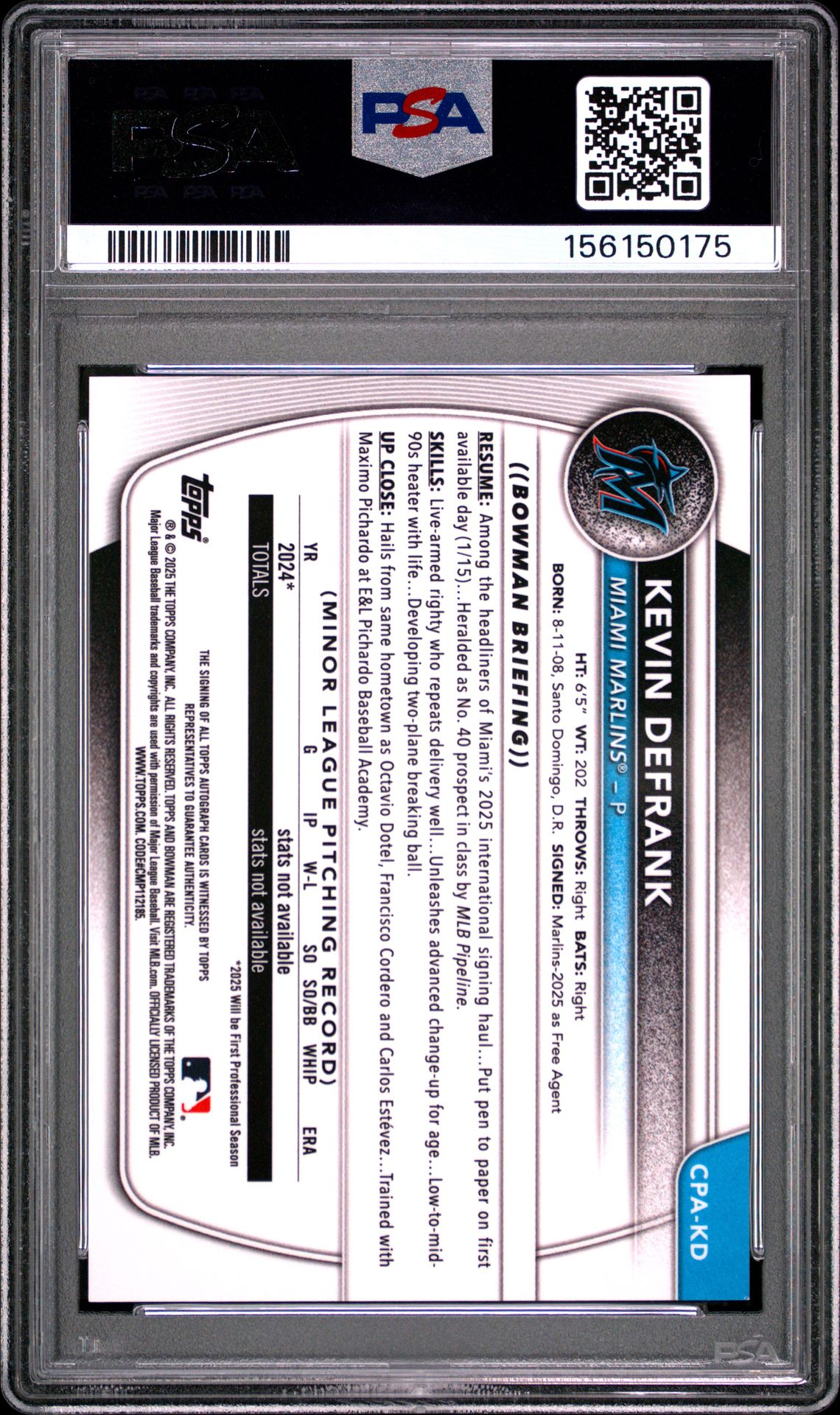 2025 Bowman Chrome Prospect Autographs Kevin Defrank #Cpakd Mint 9 back