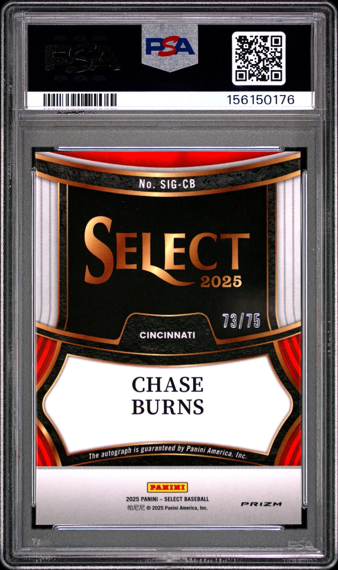 2025 Panini Select Signatures Chase Burns #Sig-Cb (Signatures-Orange Prizm) Mint 9 back