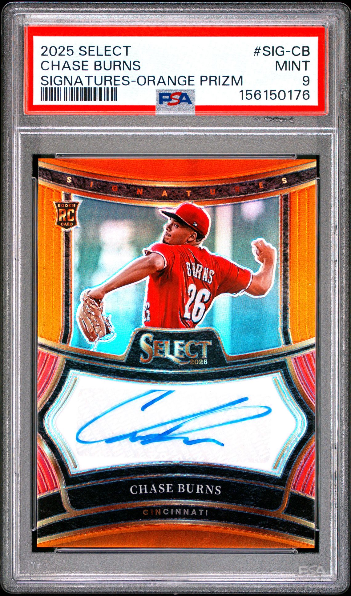 2025 Panini Select Signatures Chase Burns #Sig-Cb (Signatures-Orange Prizm) Mint 9 front