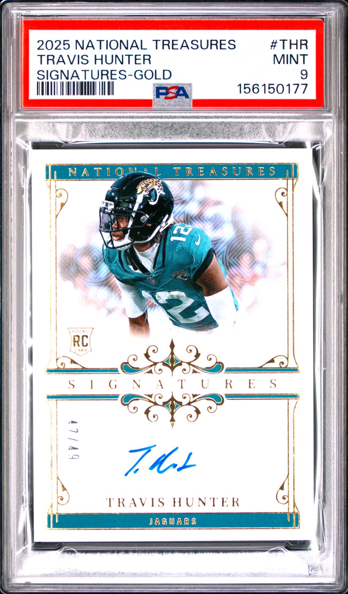 2025 Panini National Treasures Signatures Travis Hunter #Thr (Signatures-Gold) Mint 9 front