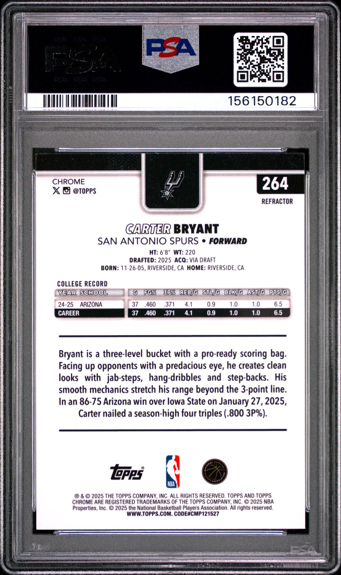 2025 TOPPS CHROME CARTER BRYANT REFRACTOR 264 GEM MT 10 back