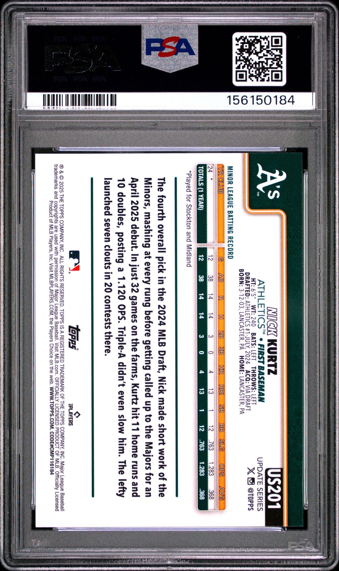 2025 Topps Update Nick Kurtz #201 Mint 9 back