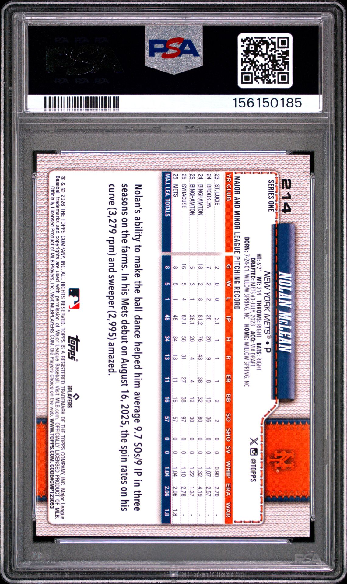 2026 Topps Nolan Mclean #214 (Spring Training) Mint 9 back