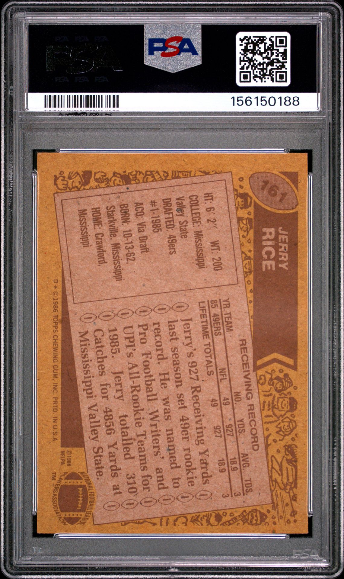 1986 Topps Jerry Rice #161 Ex 5 back
