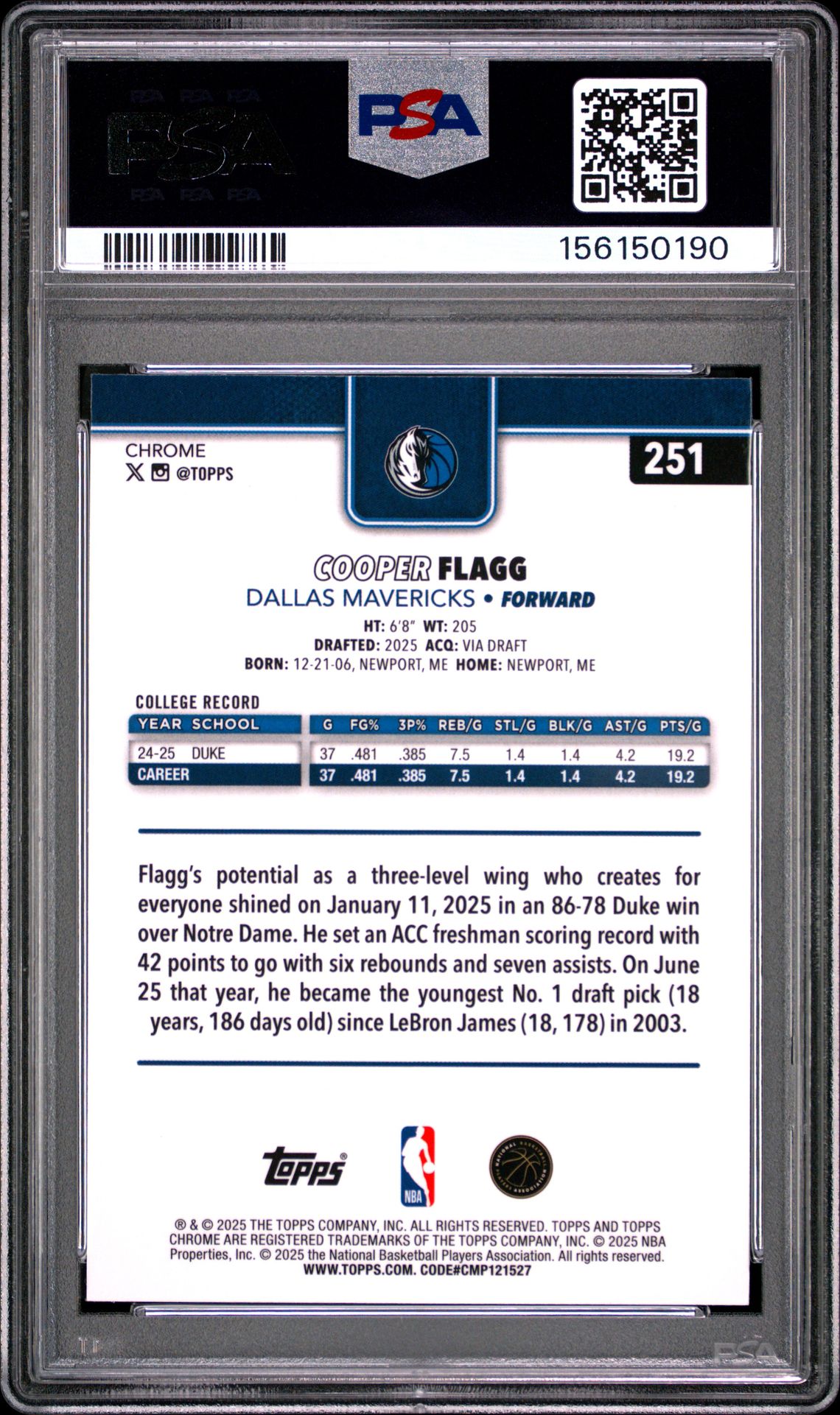 2025 Topps Chrome Cooper Flagg #251 Nm-Mt 8 back
