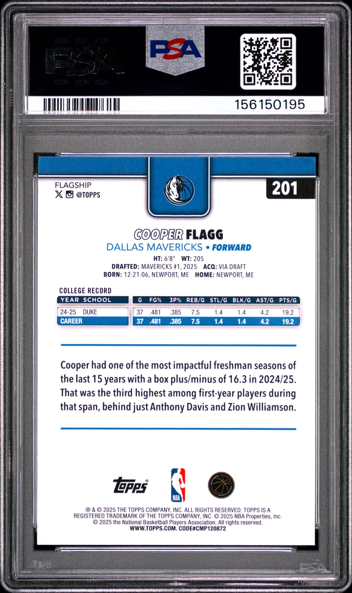 2025 Topps Cooper Flagg #201 Gem Mt 10 back view - PSA certificate #156150195