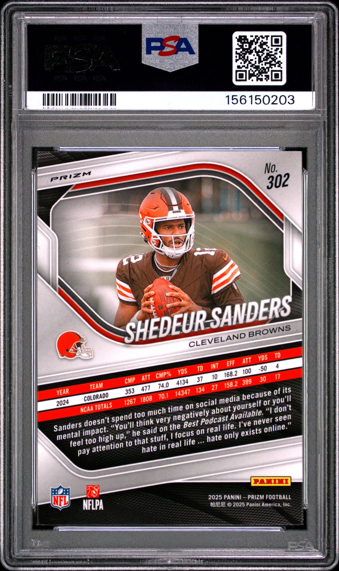 2025 Panini Prizm Shedeur Sanders #302 (Neon Green Pulsar) Mint 9 back