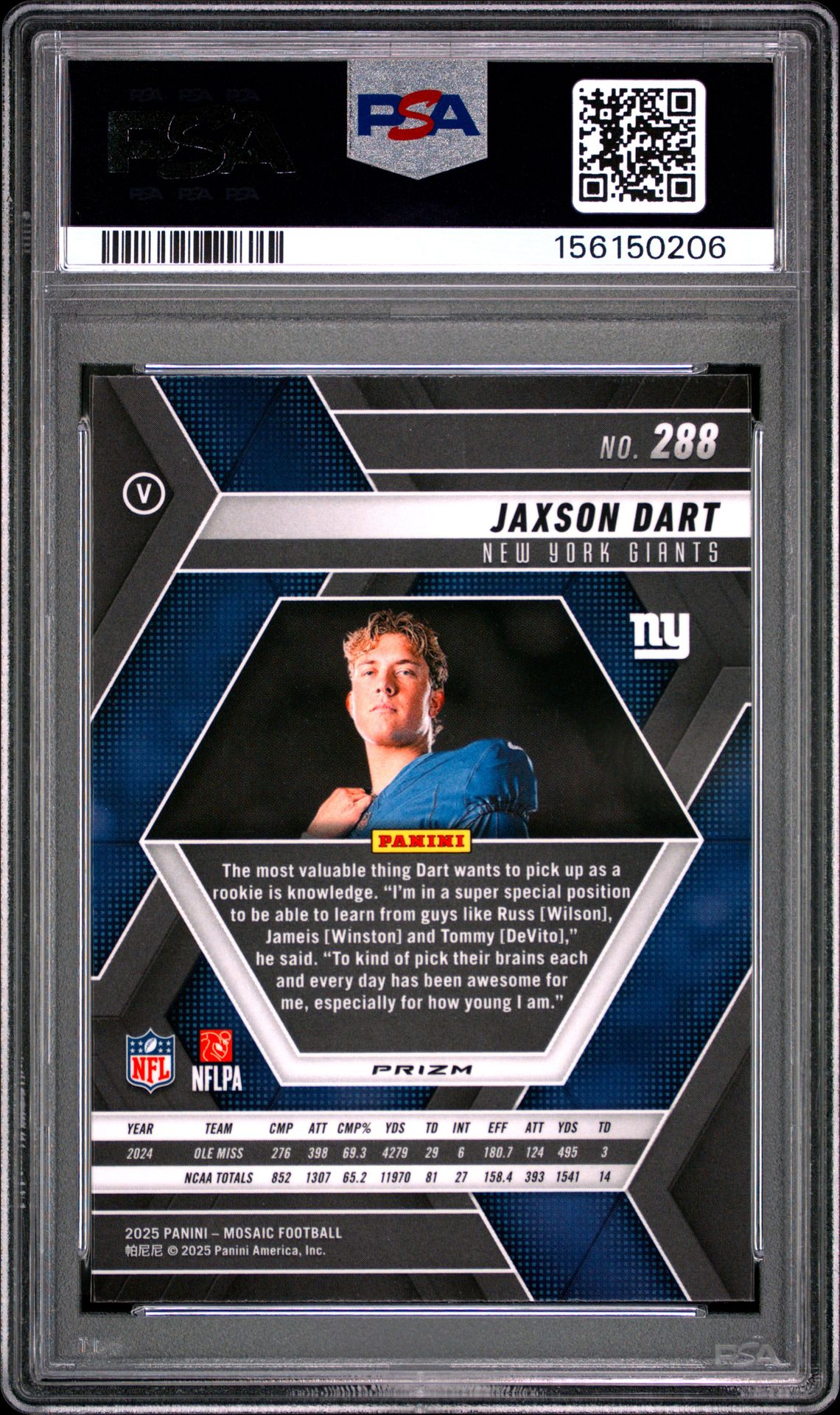 2025 Panini Mosaic Jaxson Dart #288 (Mosaic) Gem Mt 10 back view - PSA certificate #156150206