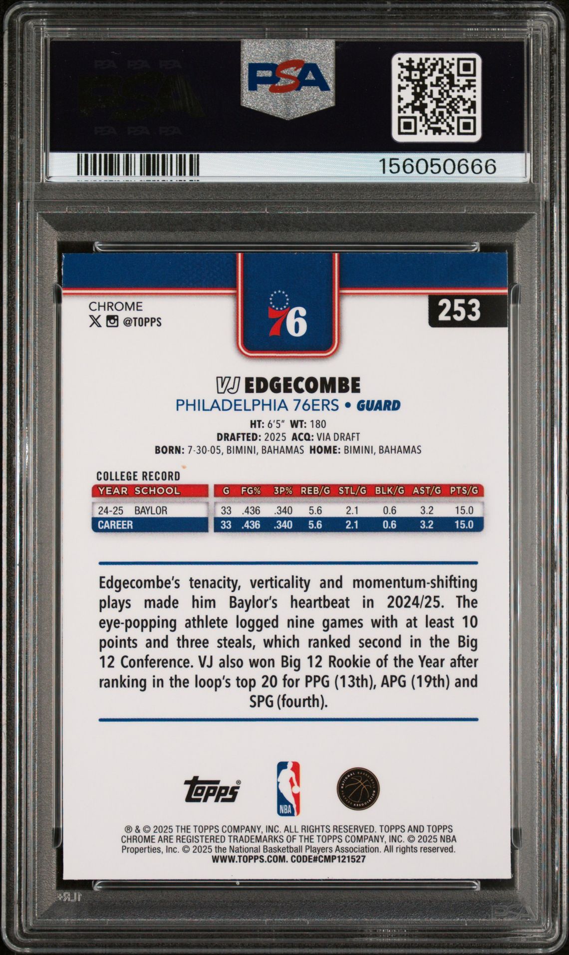 2025 Topps Chrome Sapphire Edition Vj Edgecombe #253 Nm-Mt 8 back