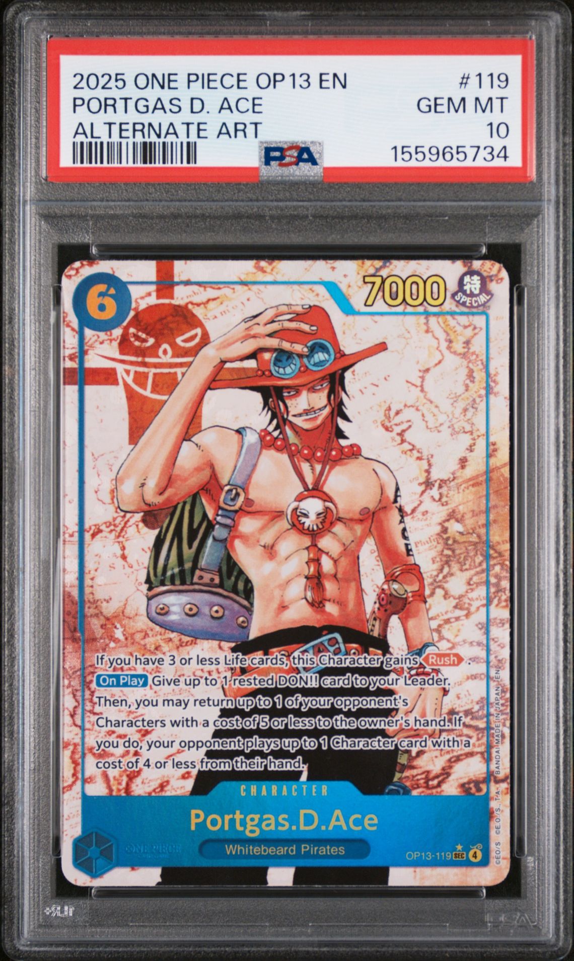 2025 One Piece Op13-Carrying On His Will Portgas D. Ace #119 (Alternate Art) Gem Mt 10 front view - PSA graded GEM MT 10