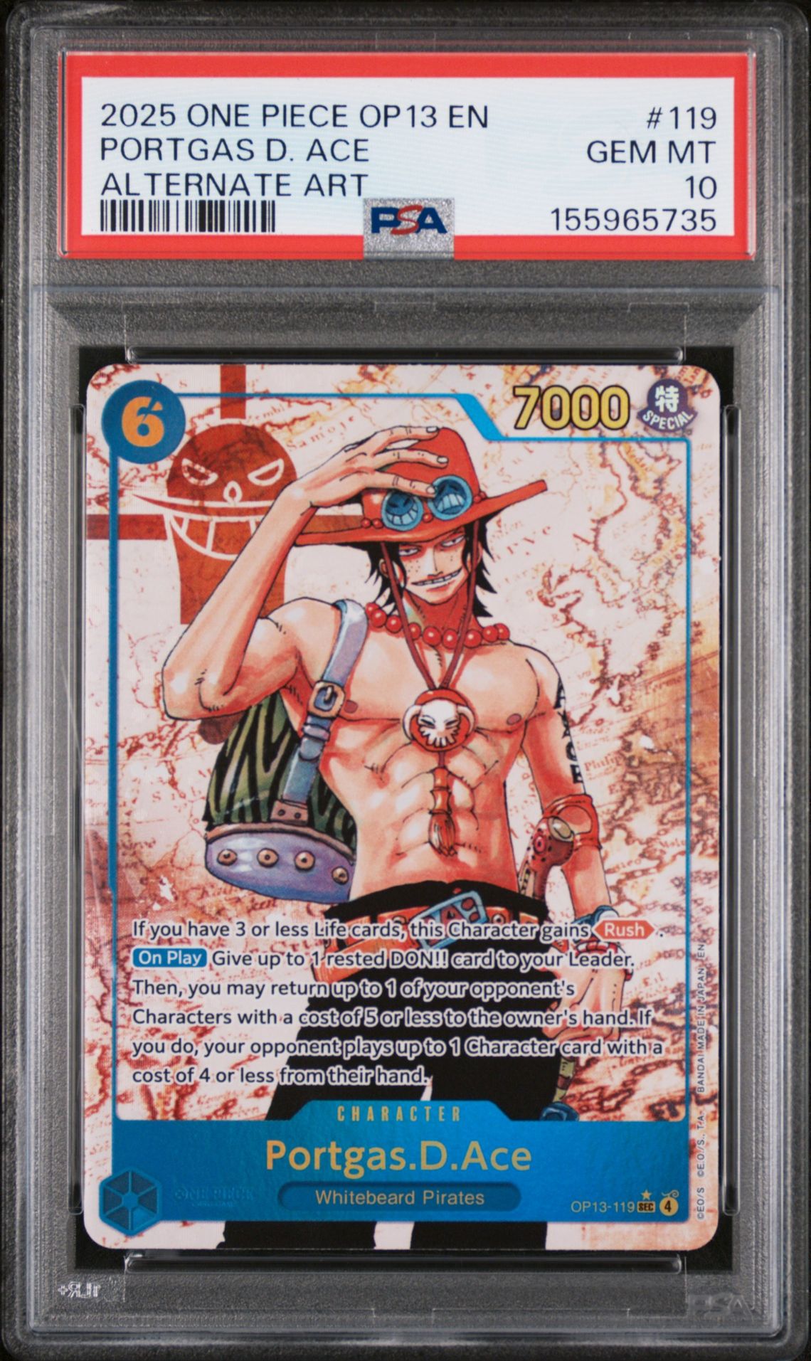 2025 One Piece Op13-Carrying On His Will Portgas D. Ace #119 (Alternate Art) Gem Mt 10 front view - PSA graded GEM MT 10