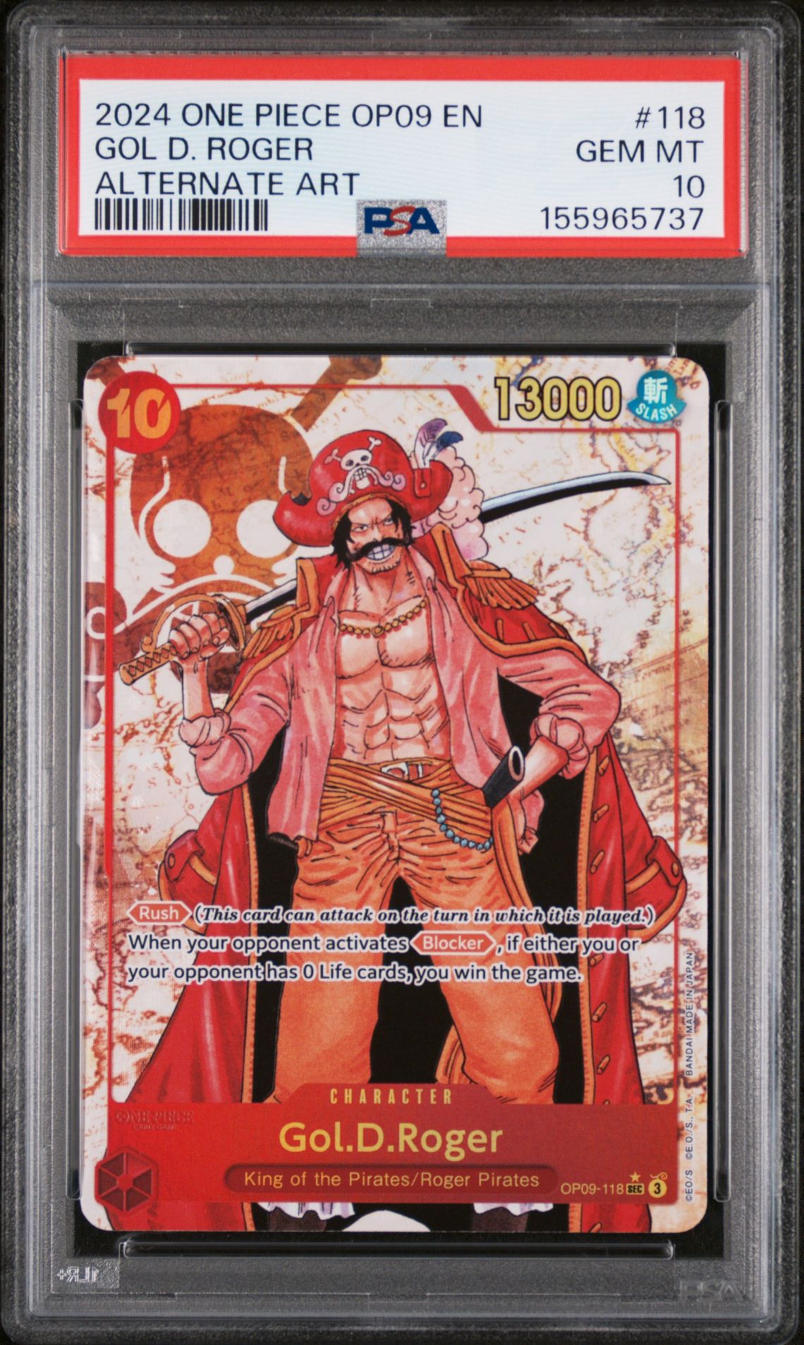 2024 One Piece Op09-Emperors In The New World Gol D. Roger #118 (Alternate Art) Gem Mt 10 front view - PSA graded GEM MT 10