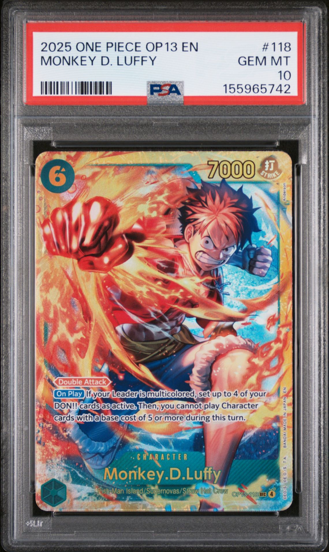2025 One Piece Op13-Carrying On His Will Monkey D. Luffy #118 Gem Mt 10 front view - PSA graded GEM MT 10