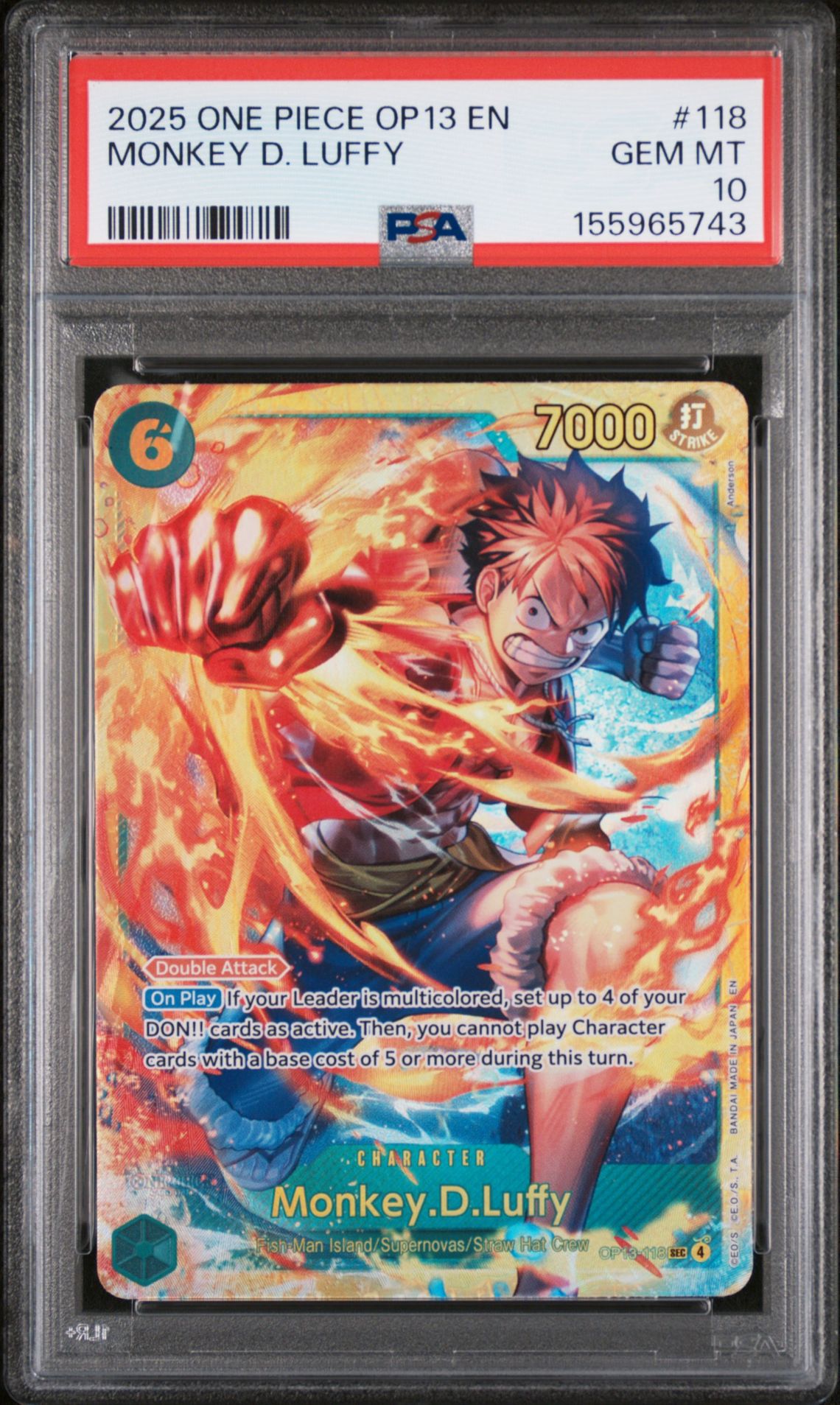 2025 One Piece Op13-Carrying On His Will Monkey D. Luffy #118 Gem Mt 10 front
