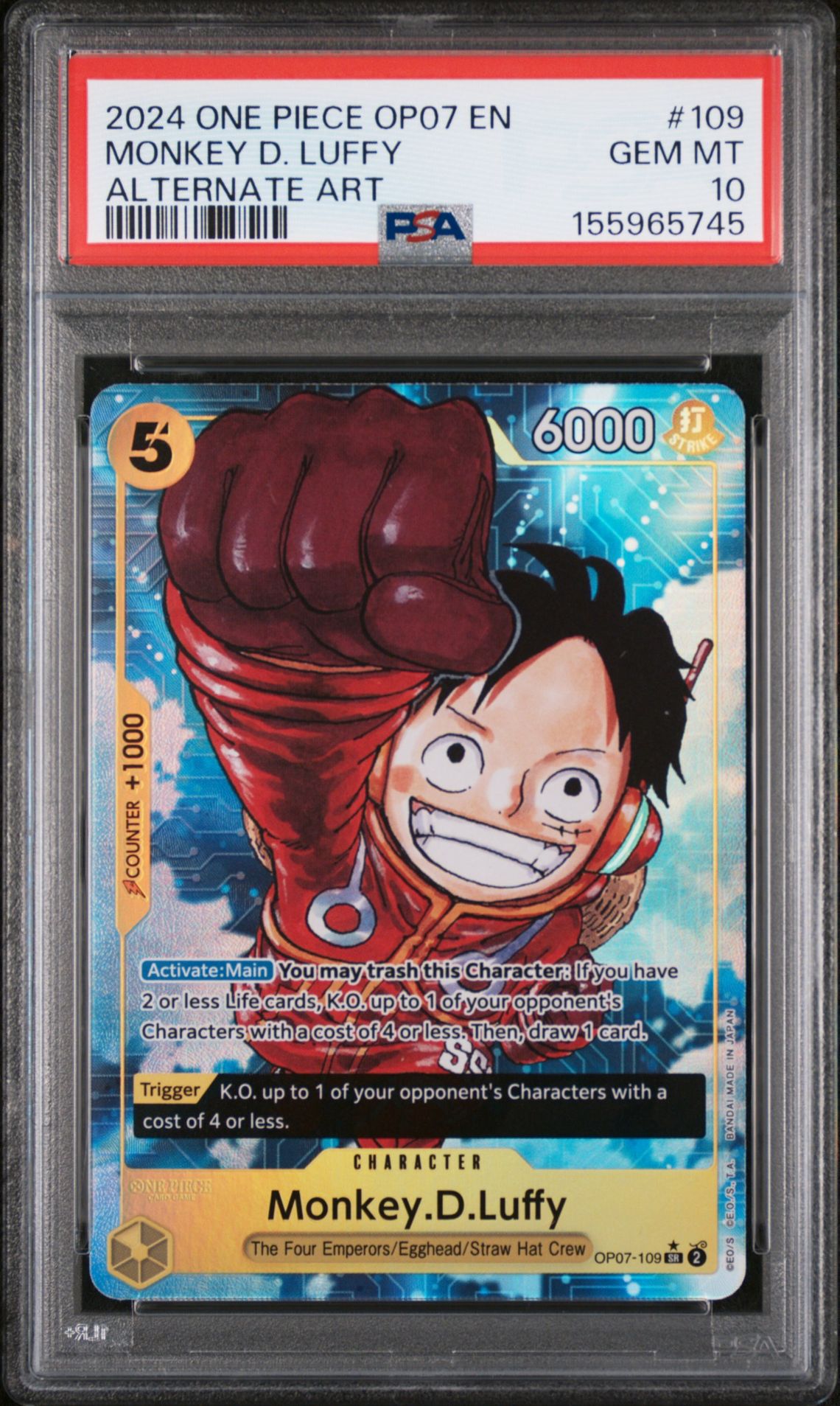 2024 One Piece Op07-500 Years In The Future Monkey D. Luffy #109 (Alternate Art) Gem Mt 10 front view - PSA graded GEM MT 10