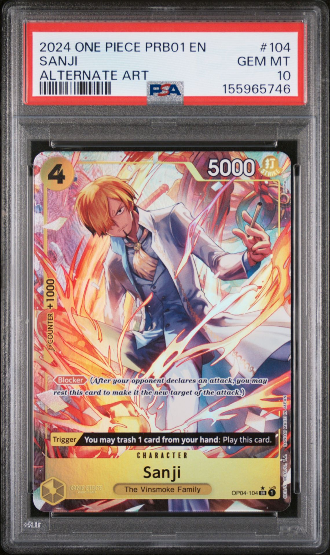 2024 One Piece Prb01-Premium Booster -One Piece Card The Best- Sanji #104 (Alternate Art) Gem Mt 10 front view - PSA graded GEM MT 10