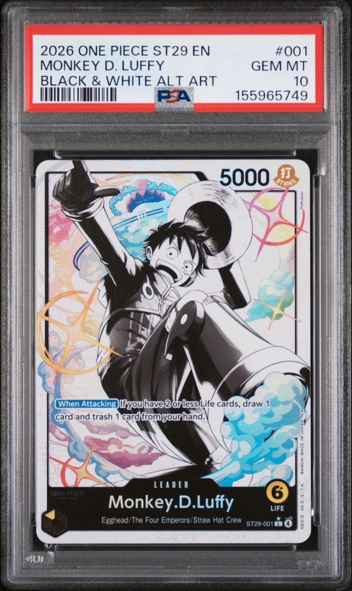 2026 One Piece Starter Deck St29-Egghead Monkey D. Luffy #001 (Black & White Alt Art) Gem Mt 10 front view - PSA graded GEM MT 10