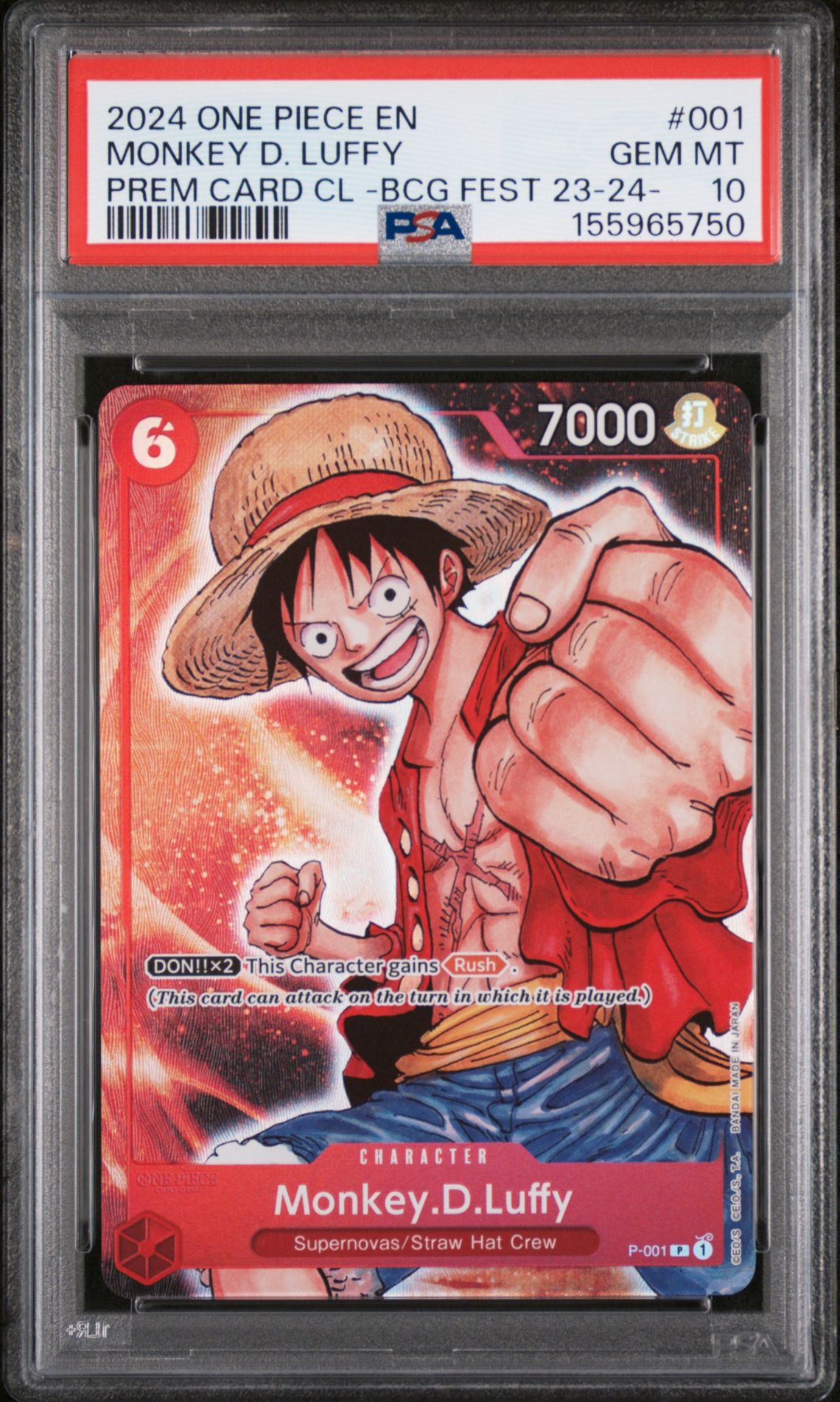 2024 One Piece Premium Card Collection -Bandai Card Games Fest 23-24 Edition- Monkey D. Luffy #001 Gem Mt 10 front view - PSA graded GEM MT 10