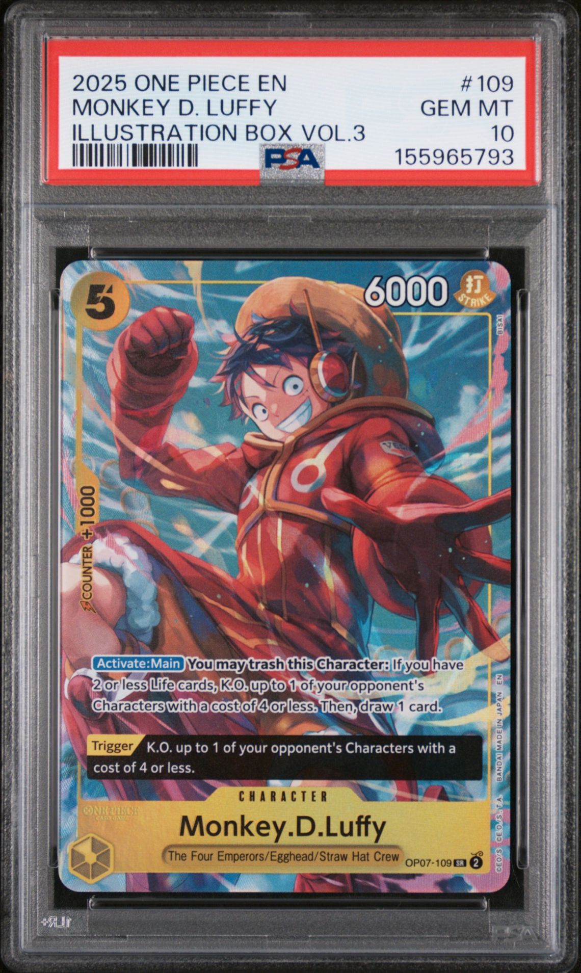 2025 One Piece Promos Monkey D. Luffy #109 (Illustration Box Vol.3) Gem Mt 10 front view - PSA graded GEM MT 10